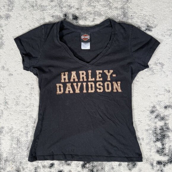 Y2K Made in USA Harley Davidson Logo V Neck Women's Top - Picture 3 of 9